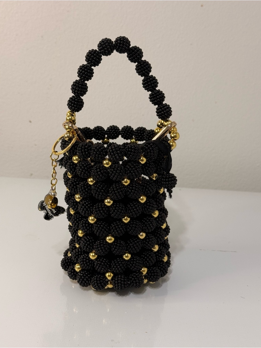 Black Beaded Mini Bucket Bag with Gold Bead Accents handmade